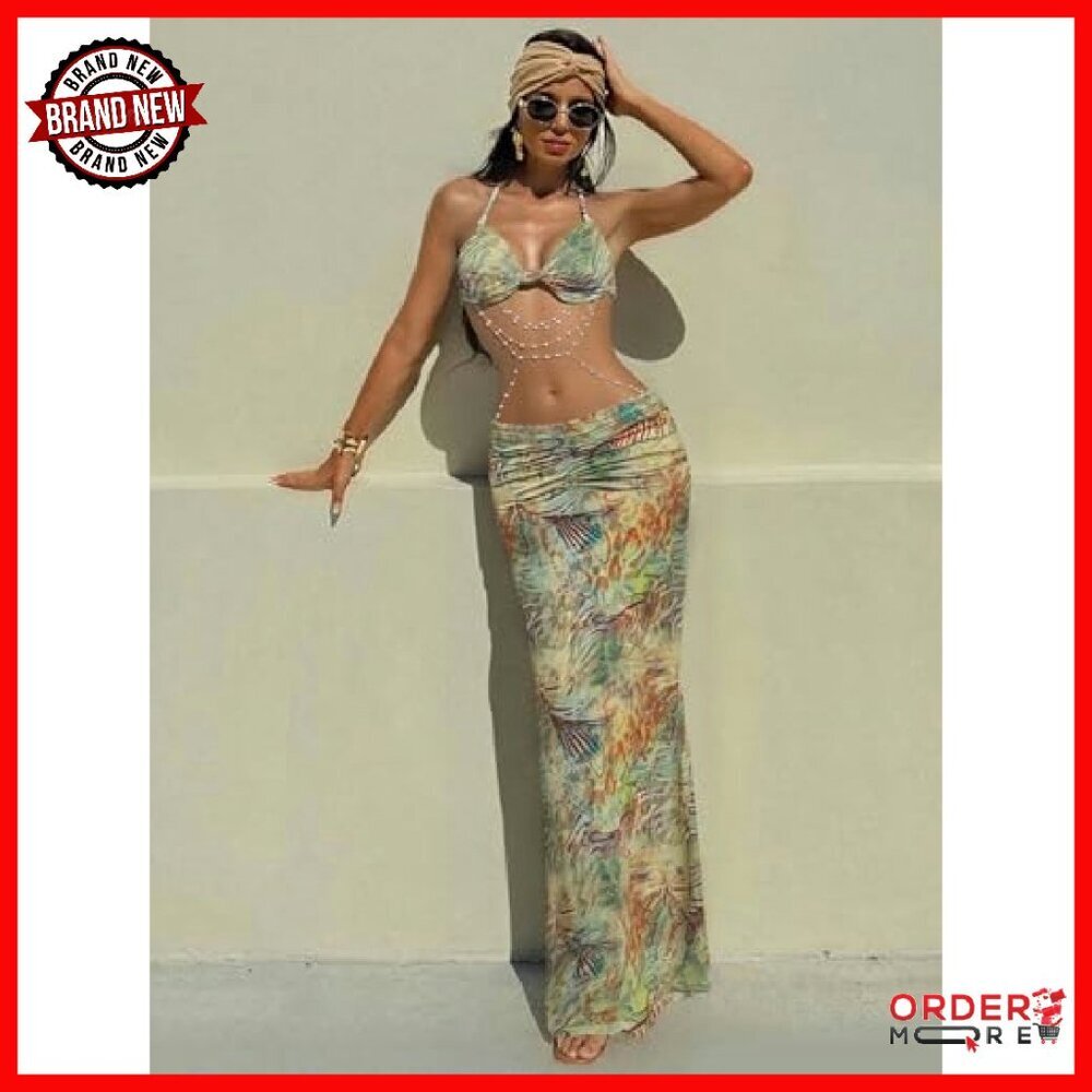 Women's Two Piece Maxi Skirt Set Ruched Backless Crop Top Pearls Chain Decor - Picture 4 of 8